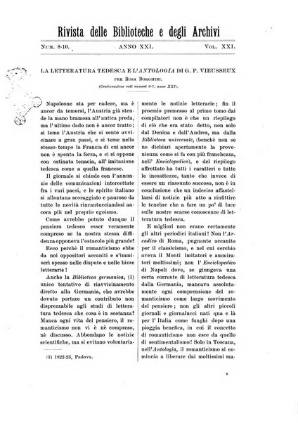 Rivista delle biblioteche e degli archivi periodico di biblioteconomia e di bibliografia di paleografia e di archivistica