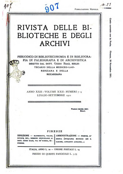 Rivista delle biblioteche e degli archivi periodico di biblioteconomia e di bibliografia di paleografia e di archivistica