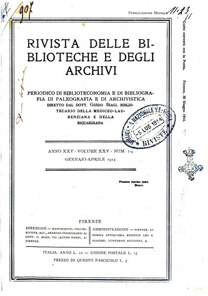 Rivista delle biblioteche e degli archivi periodico di biblioteconomia e di bibliografia di paleografia e di archivistica