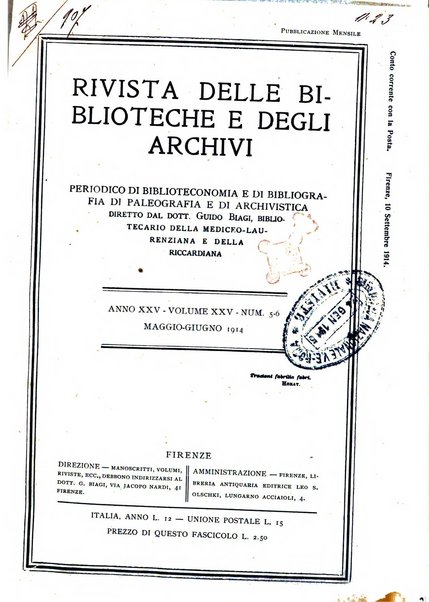 Rivista delle biblioteche e degli archivi periodico di biblioteconomia e di bibliografia di paleografia e di archivistica