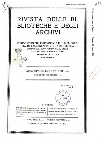 Rivista delle biblioteche e degli archivi periodico di biblioteconomia e di bibliografia di paleografia e di archivistica