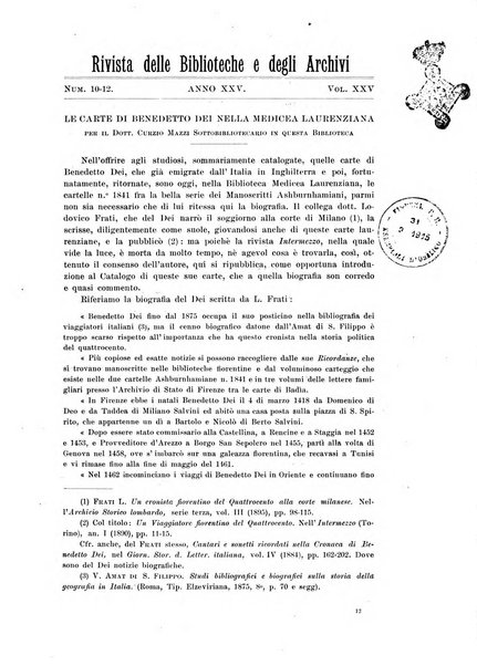 Rivista delle biblioteche e degli archivi periodico di biblioteconomia e di bibliografia di paleografia e di archivistica