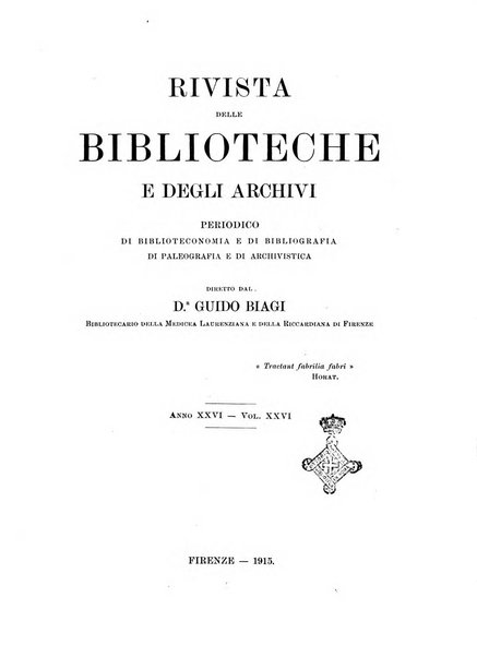 Rivista delle biblioteche e degli archivi periodico di biblioteconomia e di bibliografia di paleografia e di archivistica