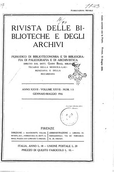 Rivista delle biblioteche e degli archivi periodico di biblioteconomia e di bibliografia di paleografia e di archivistica