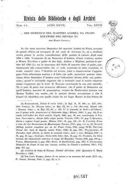 Rivista delle biblioteche e degli archivi periodico di biblioteconomia e di bibliografia di paleografia e di archivistica