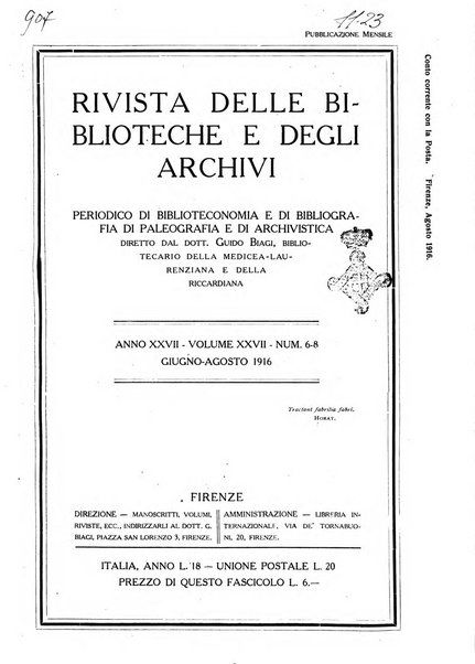 Rivista delle biblioteche e degli archivi periodico di biblioteconomia e di bibliografia di paleografia e di archivistica