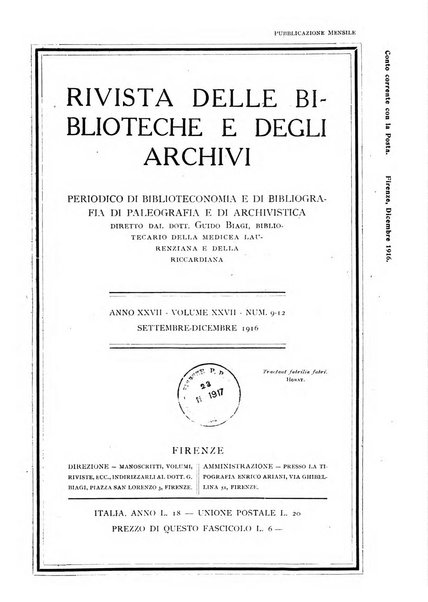 Rivista delle biblioteche e degli archivi periodico di biblioteconomia e di bibliografia di paleografia e di archivistica