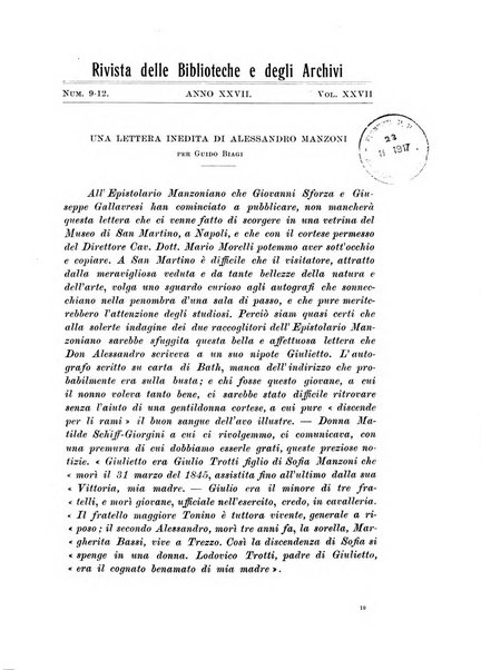 Rivista delle biblioteche e degli archivi periodico di biblioteconomia e di bibliografia di paleografia e di archivistica