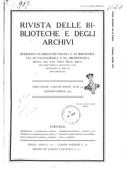 Rivista delle biblioteche e degli archivi periodico di biblioteconomia e di bibliografia di paleografia e di archivistica