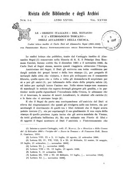 Rivista delle biblioteche e degli archivi periodico di biblioteconomia e di bibliografia di paleografia e di archivistica