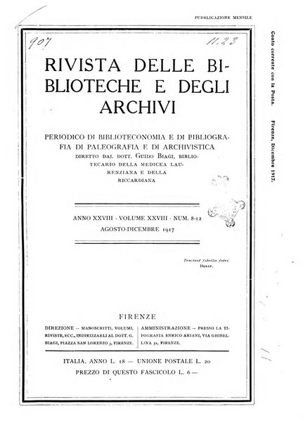 Rivista delle biblioteche e degli archivi periodico di biblioteconomia e di bibliografia di paleografia e di archivistica