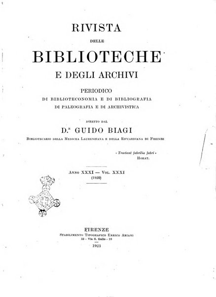 Rivista delle biblioteche e degli archivi periodico di biblioteconomia e di bibliografia di paleografia e di archivistica