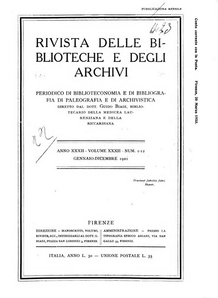 Rivista delle biblioteche e degli archivi periodico di biblioteconomia e di bibliografia di paleografia e di archivistica