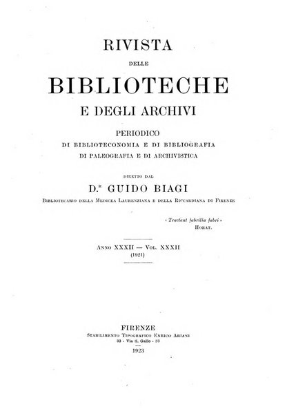 Rivista delle biblioteche e degli archivi periodico di biblioteconomia e di bibliografia di paleografia e di archivistica