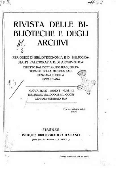 Rivista delle biblioteche e degli archivi periodico di biblioteconomia e di bibliografia di paleografia e di archivistica