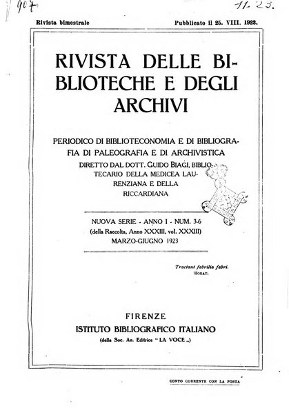 Rivista delle biblioteche e degli archivi periodico di biblioteconomia e di bibliografia di paleografia e di archivistica