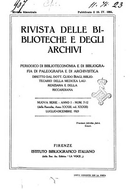 Rivista delle biblioteche e degli archivi periodico di biblioteconomia e di bibliografia di paleografia e di archivistica