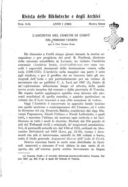 Rivista delle biblioteche e degli archivi periodico di biblioteconomia e di bibliografia di paleografia e di archivistica