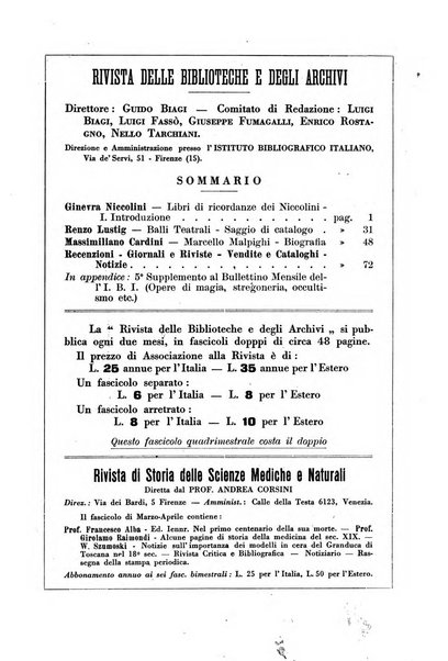 Rivista delle biblioteche e degli archivi periodico di biblioteconomia e di bibliografia di paleografia e di archivistica