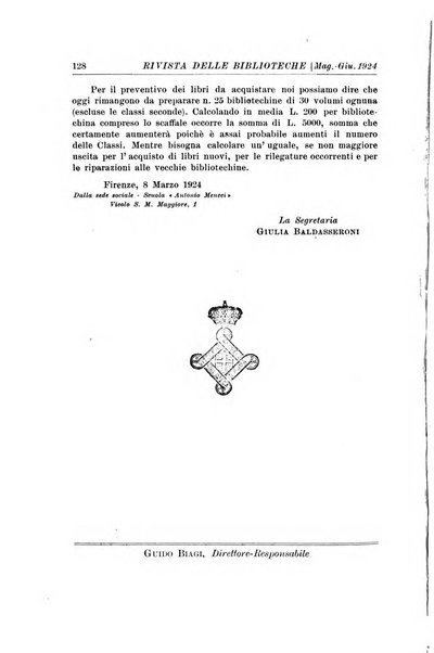 Rivista delle biblioteche e degli archivi periodico di biblioteconomia e di bibliografia di paleografia e di archivistica