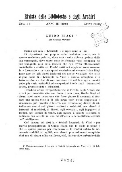 Rivista delle biblioteche e degli archivi periodico di biblioteconomia e di bibliografia di paleografia e di archivistica