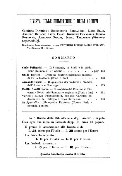 Rivista delle biblioteche e degli archivi periodico di biblioteconomia e di bibliografia di paleografia e di archivistica