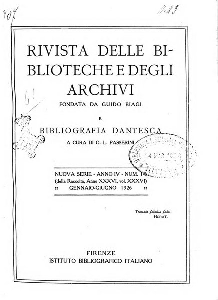 Rivista delle biblioteche e degli archivi periodico di biblioteconomia e di bibliografia di paleografia e di archivistica