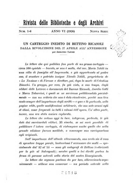 Rivista delle biblioteche e degli archivi periodico di biblioteconomia e di bibliografia di paleografia e di archivistica