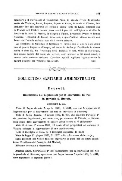 Rivista d'igiene e sanità pubblica con bollettino sanitario-amministrativo compilato sugli atti del Ministero dell'interno