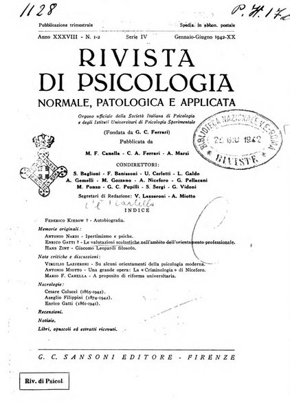 Rivista di psicologia normale, patologica ed applicata organo della Societa italiana di psicologia e degli istituti univrsitari di psicologia sperimentale