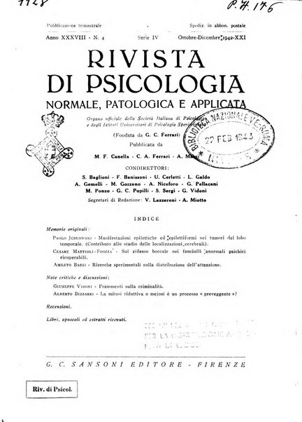 Rivista di psicologia normale, patologica ed applicata organo della Societa italiana di psicologia e degli istituti univrsitari di psicologia sperimentale