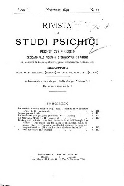 Rivista di studi psichici periodico mensile dedicato alle ricerche sperimentali e critiche sui fenomeni di telepatia, chiaroveggenza, premonizione, medianita, ecc