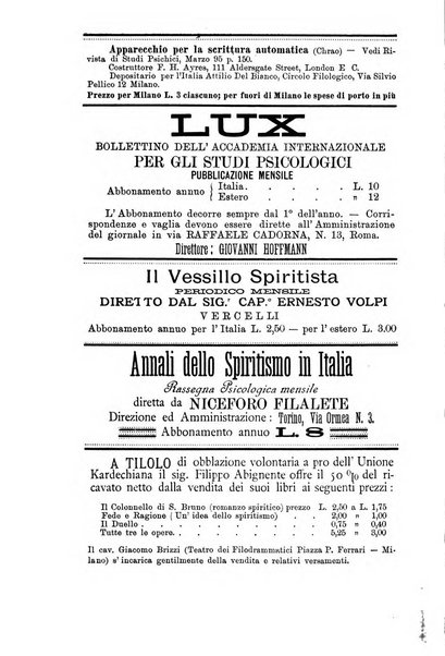 Rivista di studi psichici periodico mensile dedicato alle ricerche sperimentali e critiche sui fenomeni di telepatia, chiaroveggenza, premonizione, medianita, ecc