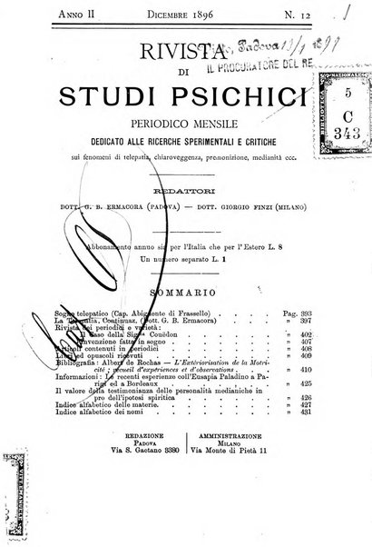 Rivista di studi psichici periodico mensile dedicato alle ricerche sperimentali e critiche sui fenomeni di telepatia, chiaroveggenza, premonizione, medianita, ecc