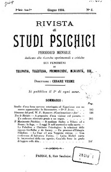 Rivista di studi psichici periodico mensile dedicato alle ricerche sperimentali e critiche sui fenomeni di telepatia, chiaroveggenza, premonizione, medianita, ecc