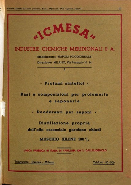 Rivista italiana essenze, profumi, piante officinali, olii vegetali, saponi organo di propaganda del gruppo produttori materie aromatiche della Federazione nazionale fascista degli industriali dei prodotti chimici