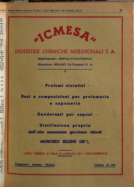 Rivista italiana essenze, profumi, piante officinali, olii vegetali, saponi organo di propaganda del gruppo produttori materie aromatiche della Federazione nazionale fascista degli industriali dei prodotti chimici