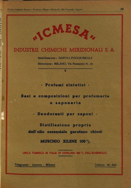 Rivista italiana essenze, profumi, piante officinali, olii vegetali, saponi organo di propaganda del gruppo produttori materie aromatiche della Federazione nazionale fascista degli industriali dei prodotti chimici