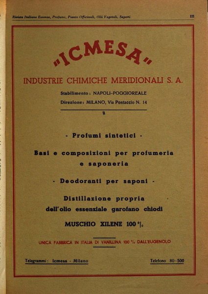 Rivista italiana essenze, profumi, piante officinali, olii vegetali, saponi organo di propaganda del gruppo produttori materie aromatiche della Federazione nazionale fascista degli industriali dei prodotti chimici