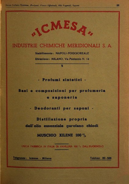 Rivista italiana essenze, profumi, piante officinali, olii vegetali, saponi organo di propaganda del gruppo produttori materie aromatiche della Federazione nazionale fascista degli industriali dei prodotti chimici