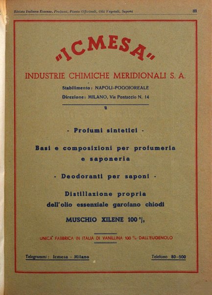 Rivista italiana essenze, profumi, piante officinali, olii vegetali, saponi organo di propaganda del gruppo produttori materie aromatiche della Federazione nazionale fascista degli industriali dei prodotti chimici