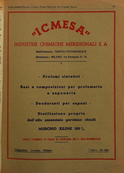 Rivista italiana essenze, profumi, piante officinali, olii vegetali, saponi organo di propaganda del gruppo produttori materie aromatiche della Federazione nazionale fascista degli industriali dei prodotti chimici