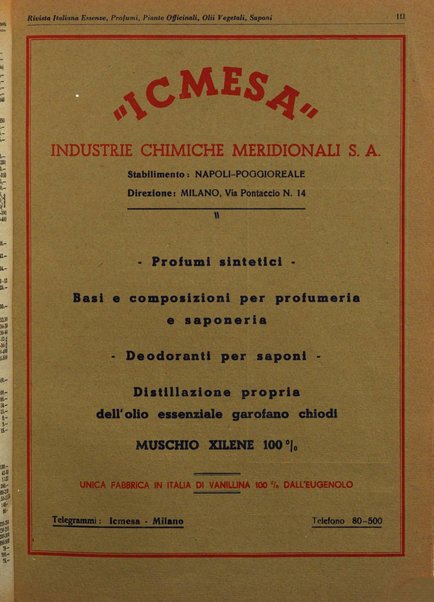 Rivista italiana essenze, profumi, piante officinali, olii vegetali, saponi organo di propaganda del gruppo produttori materie aromatiche della Federazione nazionale fascista degli industriali dei prodotti chimici