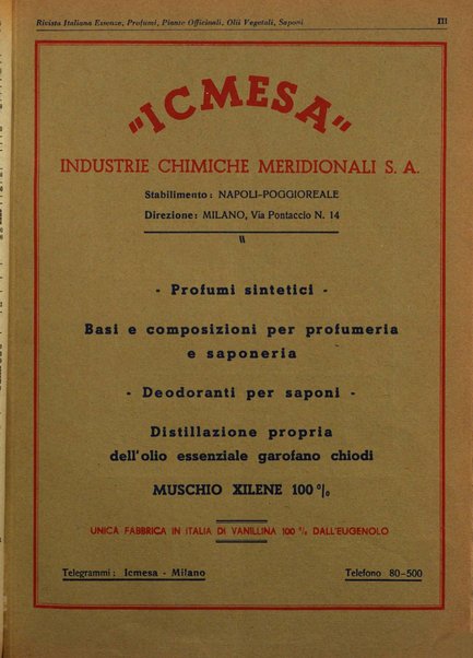 Rivista italiana essenze, profumi, piante officinali, olii vegetali, saponi organo di propaganda del gruppo produttori materie aromatiche della Federazione nazionale fascista degli industriali dei prodotti chimici