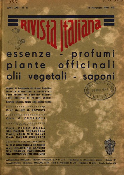 Rivista italiana essenze, profumi, piante officinali, olii vegetali, saponi organo di propaganda del gruppo produttori materie aromatiche della Federazione nazionale fascista degli industriali dei prodotti chimici