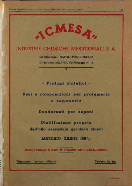 Rivista italiana essenze, profumi, piante officinali, olii vegetali, saponi organo di propaganda del gruppo produttori materie aromatiche della Federazione nazionale fascista degli industriali dei prodotti chimici