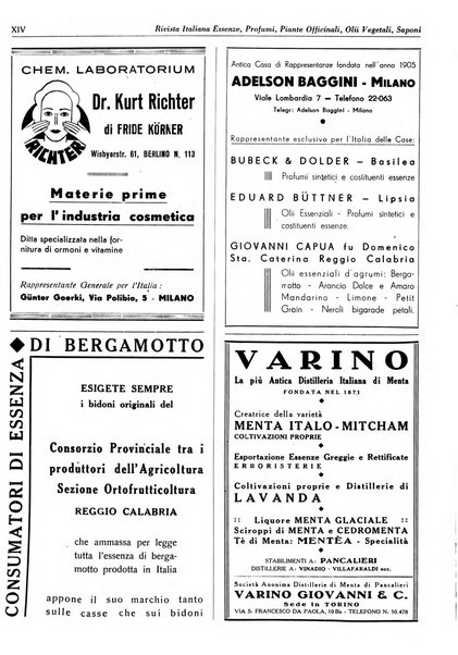 Rivista italiana essenze, profumi, piante officinali, olii vegetali, saponi organo di propaganda del gruppo produttori materie aromatiche della Federazione nazionale fascista degli industriali dei prodotti chimici