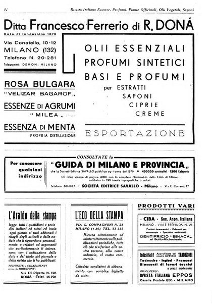 Rivista italiana essenze, profumi, piante officinali, olii vegetali, saponi organo di propaganda del gruppo produttori materie aromatiche della Federazione nazionale fascista degli industriali dei prodotti chimici