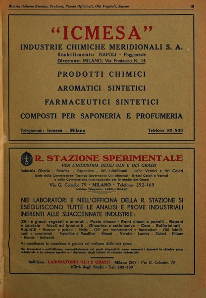 Rivista italiana essenze, profumi, piante officinali, olii vegetali, saponi organo di propaganda del gruppo produttori materie aromatiche della Federazione nazionale fascista degli industriali dei prodotti chimici