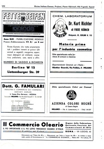 Rivista italiana essenze, profumi, piante officinali, olii vegetali, saponi organo di propaganda del gruppo produttori materie aromatiche della Federazione nazionale fascista degli industriali dei prodotti chimici